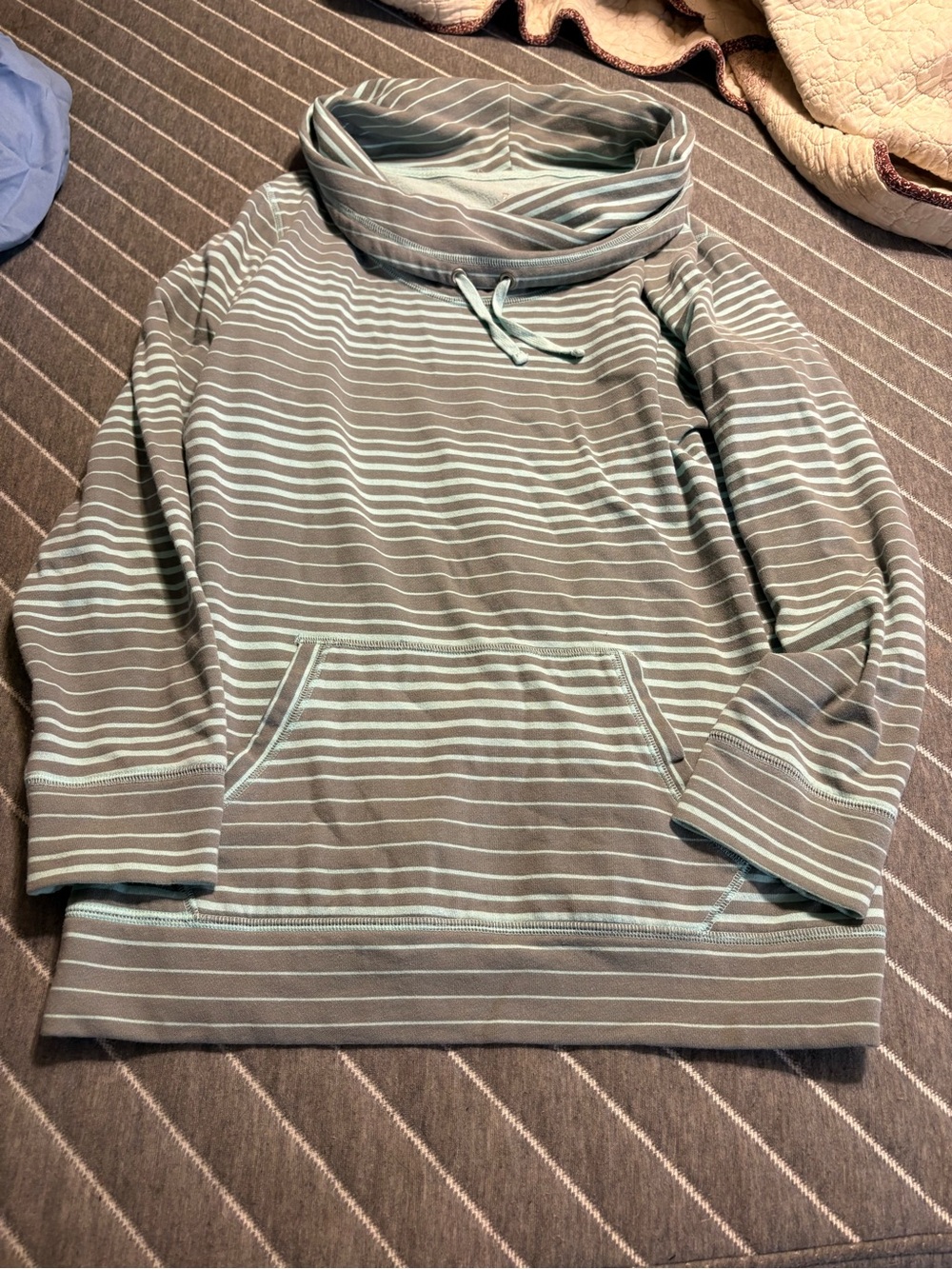 Striped Funnel Neck Sweater - Gray & Teal